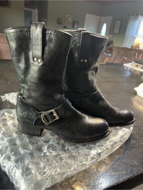 Frye Black Leather Harness Mid-Calf Boots